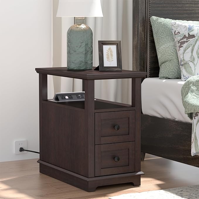 HIFYOBRO End Table with 2 Drawers, Storage Side Table with Flip Top Fast Charging Station, Type-C & USB port & Power outlets, Wooden Storage Cabinet for Living Room and Bedroom - LeafyLoom