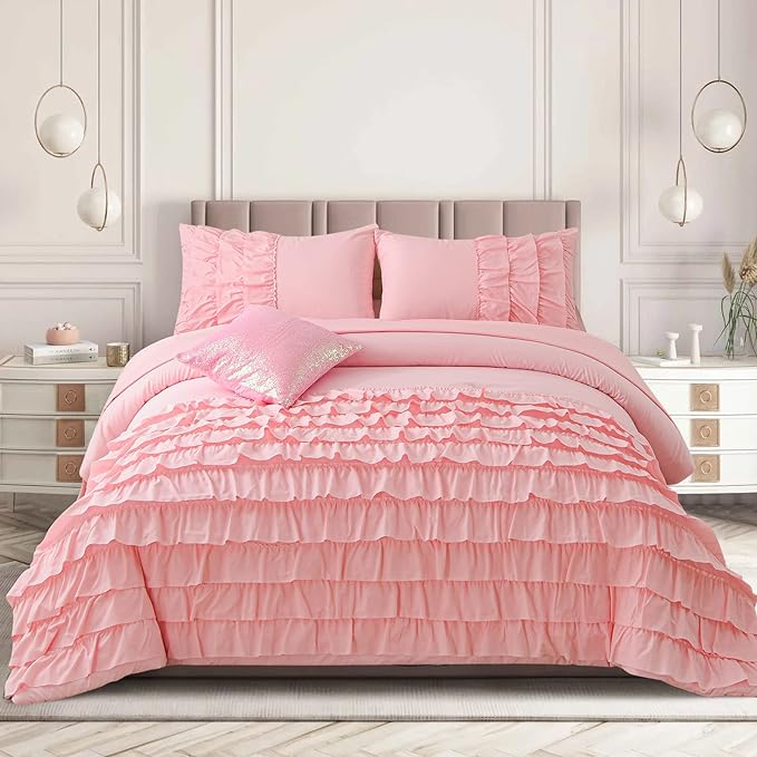 A Nice Night Waterfall Flutter Ruffle Comforter Set,Ruffled Textured Soft Chic Princess 6pcs Bedding Set,with Bling Shiny Sequin Throw Pillow Case,Pink,Full - LeafyLoom