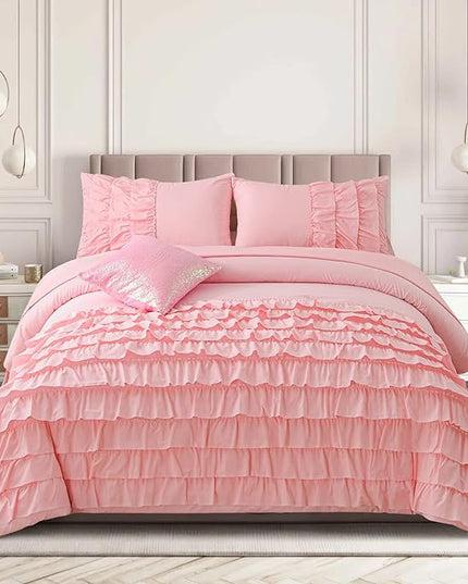 A Nice Night Waterfall Flutter Ruffle Comforter Set,Ruffled Textured Soft Chic Princess 6pcs Bedding Set,with Bling Shiny Sequin Throw Pillow Case,Pink,Queen - LeafyLoom