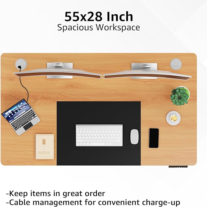 MOUNTUP 55x28 Inches Electric Height Adjustable Standing Desk, Sit Stand Desk with Memory Controller, Ergonomic Stand Up Desk for Home Office with Splice Board, Oak+Black - LeafyLoom