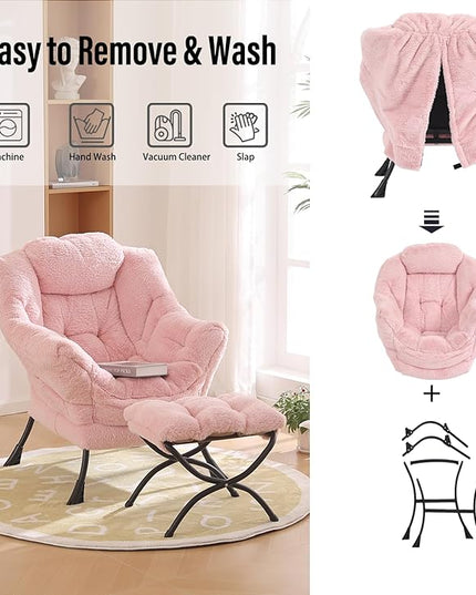Lazy Chair with Ottoman, Modern Chair with Folding Footrest, Lounge Accent Chair, Comfortable Reading Chair, Oversized Armchairs for Bedroom, Study, Living Room(Plush Pink) - LeafyLoom
