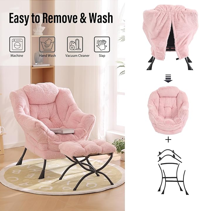 Lazy Chair with Ottoman, Modern Chair with Folding Footrest, Lounge Accent Chair, Comfortable Reading Chair, Oversized Armchairs for Bedroom, Study, Living Room(Plush Pink) - LeafyLoom