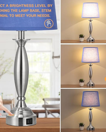 Blue Lamps for Bedrooms Set of 2 - Touch Control Bedside Lamp with USB C+A, 3 Way Dimmable Nightstand Lamps with USB Port, Table Lamp for Living Room(Blue Shade and Nickel Base) - LeafyLoom