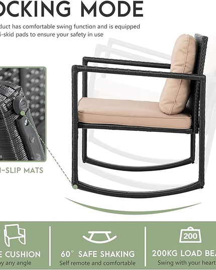 FDW Wicker Patio Furniture Outdoor Bistro Set, Rocking Chair, 3 Piece, Rattan Conversation Set for Backyard Porch Poolside Lawn with Coffee Table,Black - LeafyLoom