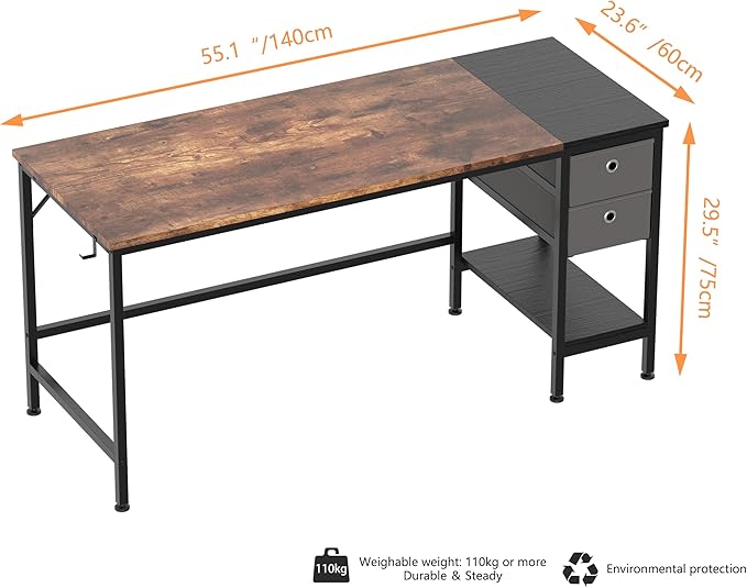 HOMIDEC Office Desk, Computer Desk with Drawers 55" Study Writing Desks for Home with Storage Shelves, Desks & Workstations for Home Office Bedroom - LeafyLoom