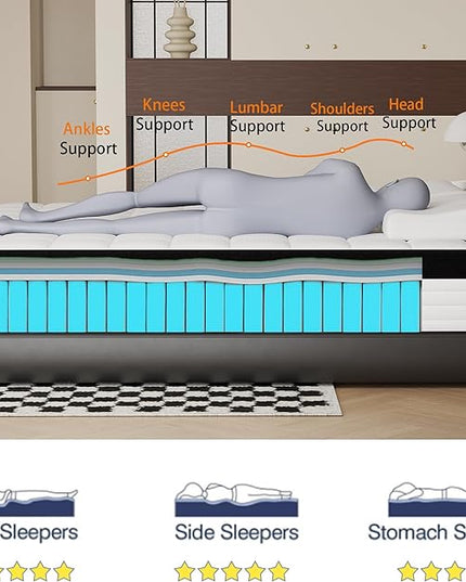 California King Mattress, 12 Inch Hybrid Cal King Mattress in a Box, Memory Foam and Pocket Springs, 3 Coils Strong Edge Support, Pressure Relief - LeafyLoom