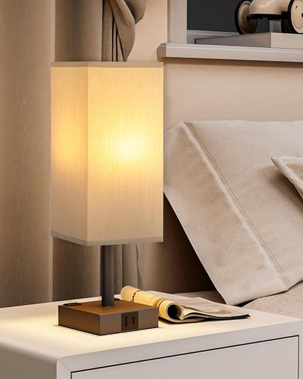 Touch Bedside Table Lamp For Nightstand - 3-Way Dimmable Night Lamp with USB A + Type C Charging Ports and two AC Outlets, Small Desk Light with E26 LED Bulb for Bedroom Living Room Office, Grey Black - LeafyLoom