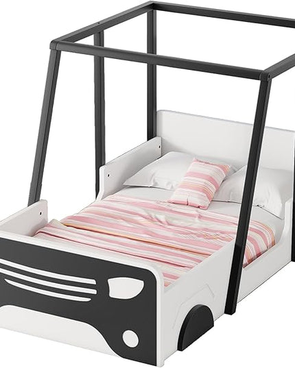 Twin Size Bed Car-Shaped,Twin Montessori Floor Bed Frame Car Bed with Wheels and Door,Solid Wood Twin Car-Shaped Platform Bed for Children, Boys, Girls, Toddler, Without Slats,Black - LeafyLoom