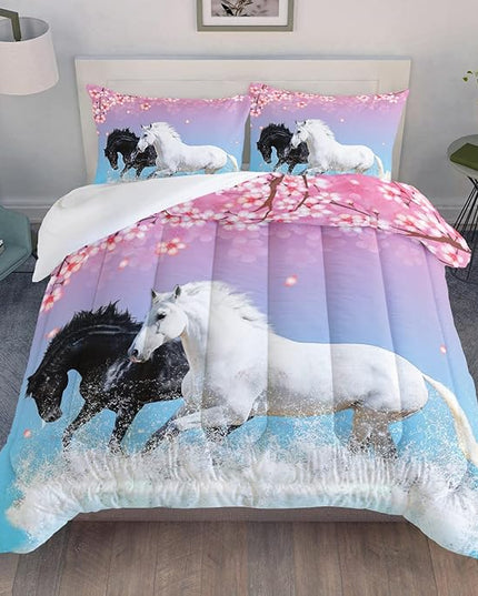 Kid Horse Comforter Set Room Floral Animal Theme Handsome Horse Chic Cherry Blossom Bedding Set 3D Wild Animal Decor Quilt Set for Girls Adult, 1 Comforter + 2 Pillowcases - LeafyLoom