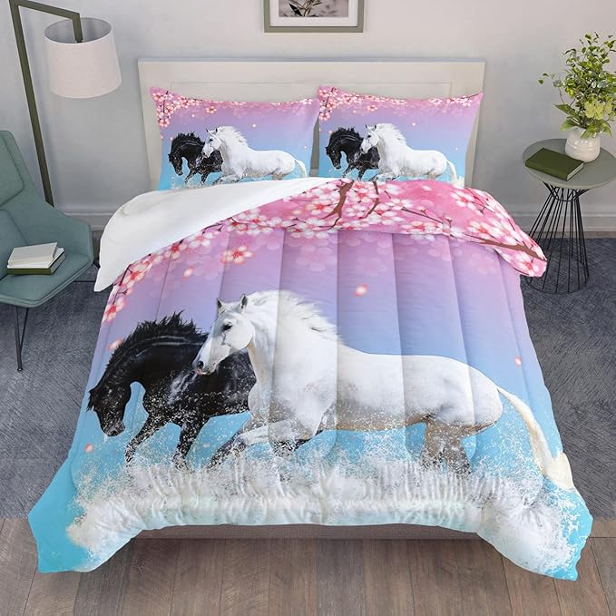 Kid Horse Comforter Set Room Floral Animal Theme Handsome Horse Chic Cherry Blossom Bedding Set 3D Wild Animal Decor Quilt Set for Girls Adult, 1 Comforter + 2 Pillowcases - LeafyLoom