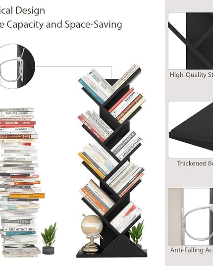 Topfurny Tree Bookshelf, 9-Tier Shelf Rustic Brown Bookcase, Retro Wood Storage Rack for CDs/Movies/Books, Anti-Fall Utility Organizer Shelves for Living Room, Bedroom, Home Office, Black - LeafyLoom