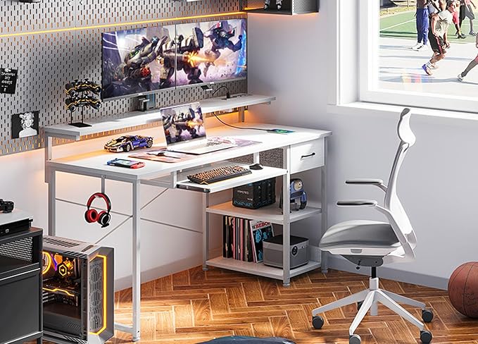 AODK Computer Desk with Keyboard Tray, 55 Inch Office Desk with Power Outlet, Work Desk with Drawer, Reversible Desk with Adjustable Monitor Shelf and Storage Shelf for Home, White - LeafyLoom