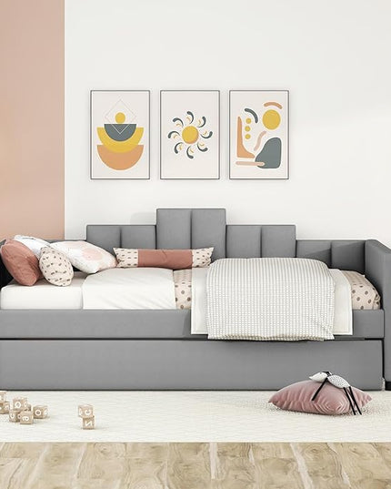 Teddy Fleece Twin Size Upholstered Carton Ears Shaped Headboard for Kids Bedroom,Wood Low Daybed Platform Bed,Super Save Space/Easy Assembly/No Box Spring Needed,Gray - LeafyLoom