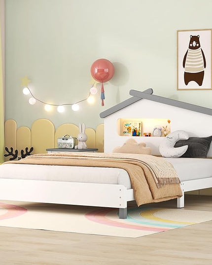 Bellemave Full Size Platform Bed with House-Shaped Headboard and Motion Activated Night Lights,Wood Full Kids Bed Frame for Teens, Girls,Boys(Full,White) - LeafyLoom