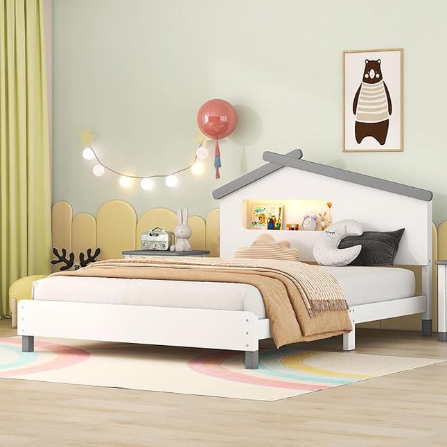 Bellemave Full Size Platform Bed with House-Shaped Headboard and Motion Activated Night Lights,Wood Full Kids Bed Frame for Teens, Girls,Boys(Full,White) - LeafyLoom