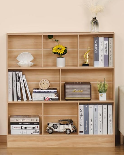 LEYAOYAO 8 Cube Bookshelf with Base,3 Tier Mid-Century Modern Natural Bookcase,Standing Wide Bookshelves Storage Organizer Shelf,Rustic Wood Display Cabinet Book Shelves for Bedroom,Living Room,Office - LeafyLoom