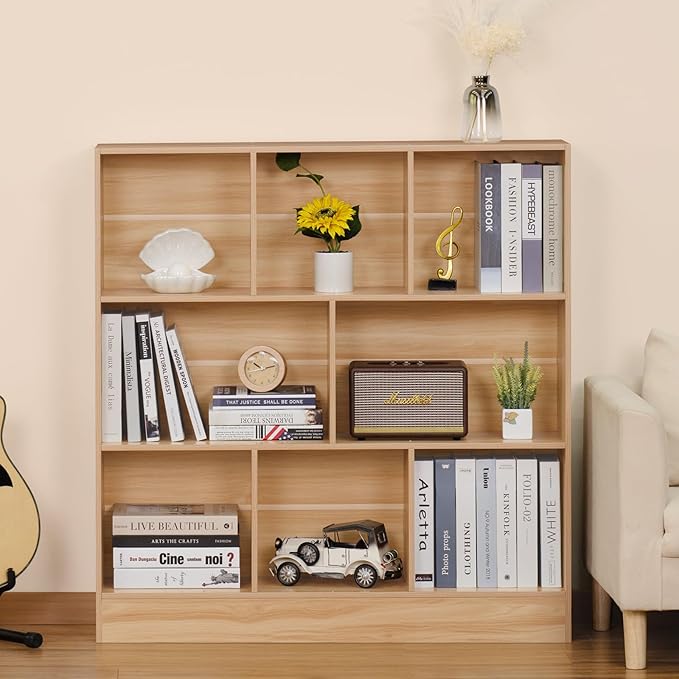 LEYAOYAO 8 Cube Bookshelf with Base,3 Tier Mid-Century Modern Natural Bookcase,Standing Wide Bookshelves Storage Organizer Shelf,Rustic Wood Display Cabinet Book Shelves for Bedroom,Living Room,Office - LeafyLoom