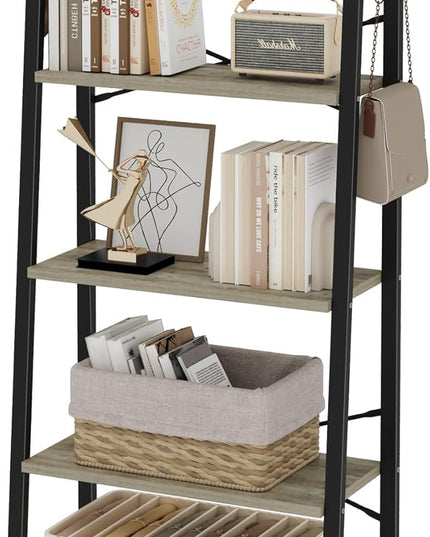 Ladder Shelf, Bookshelf Bookcase, Freestanding Corner Storage Shelve with 2 Hooks for Home Office, Living Room, Kitchen, Bedroom, Industrial, 5-Tier Greige BC19305B - LeafyLoom