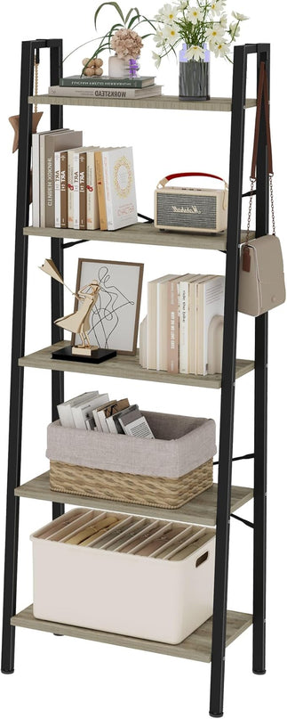 Ladder Shelf, Bookshelf Bookcase, Freestanding Corner Storage Shelve with 2 Hooks for Home Office, Living Room, Kitchen, Bedroom, Industrial, 5-Tier Greige BC19305B - LeafyLoom