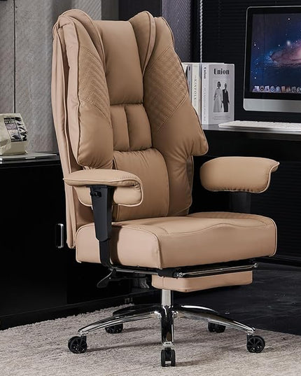 Big and Tall Office Chair 400lbs Wide Seat, Leather High Back Executive Office Chair with Foot Rest, Ergonomic Office Chair Lumbar Support for Lower Back Pain Relief (Brown) - LeafyLoom