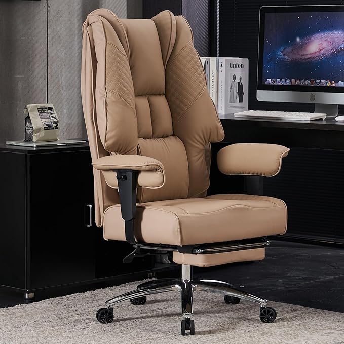 Big and Tall Office Chair 400lbs Wide Seat, Leather High Back Executive Office Chair with Foot Rest, Ergonomic Office Chair Lumbar Support for Lower Back Pain Relief (Brown) - LeafyLoom