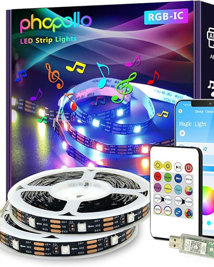 phopollo RGB Smart LED Strip Lights, 32.8ft (2 Rolls of 16.4ft) LED Lights for Bedroom, APP Control, Multiple Colors on One Line, Color Changing Strip Lighting Music Sync, USB Powered Phopollo