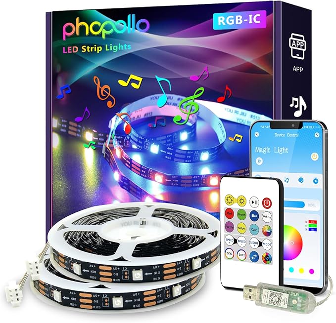 phopollo RGB Smart LED Strip Lights, 32.8ft (2 Rolls of 16.4ft) LED Lights for Bedroom, APP Control, Multiple Colors on One Line, Color Changing Strip Lighting Music Sync, USB Powered Phopollo