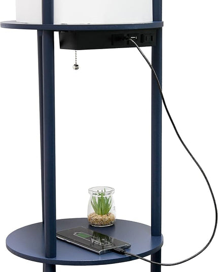Simple Designs LF2010-NAV 62.5" Round Modern Shelf Etagere Organizer Storage Floor Lamp with 2 USB Charging Ports, 1 Charging Outlet and Linen Shade for Living Room Bedroom Office, Navy - LeafyLoom