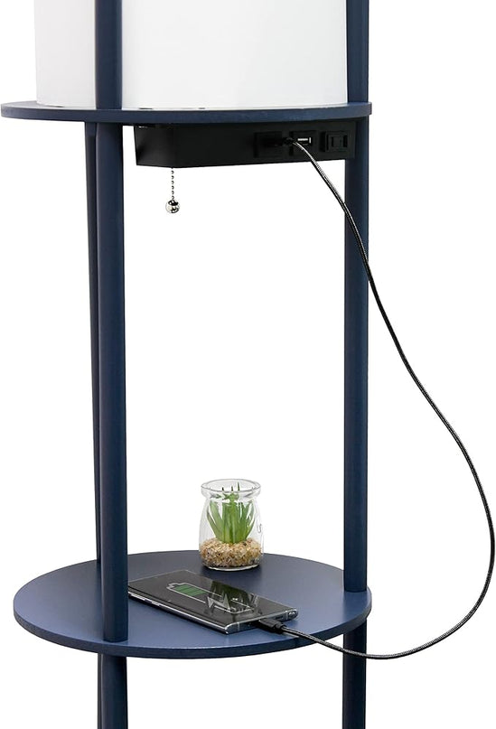 Simple Designs LF2010-NAV 62.5" Round Modern Shelf Etagere Organizer Storage Floor Lamp with 2 USB Charging Ports, 1 Charging Outlet and Linen Shade for Living Room Bedroom Office, Navy - LeafyLoom