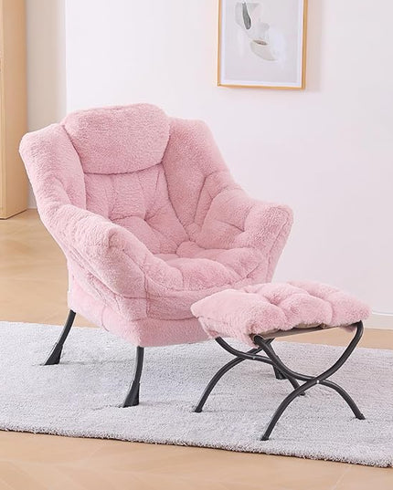 Plush Lazy Chair and Ottoman, Large Contemporary Accent Lounge Chair with Armrests and a Side Pocket, Modern Leisure Upholstered Sofa Reading Armchair with Footrest for Bedroom, Living Room - LeafyLoom