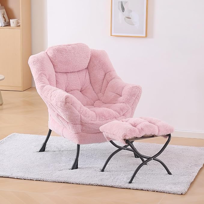 Plush Lazy Chair and Ottoman, Large Contemporary Accent Lounge Chair with Armrests and a Side Pocket, Modern Leisure Upholstered Sofa Reading Armchair with Footrest for Bedroom, Living Room - LeafyLoom