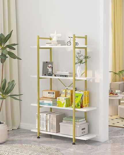 Bookshelf 4 Tiers White and Gold Wooden Storage Shelf,Modern Open Display Storage Bookcase Book Organizer,Metal Bookshelf Standing Storage Shelf Tall Shelving Units for Home Office Study - LeafyLoom
