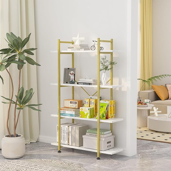 Bookshelf 4 Tiers White and Gold Wooden Storage Shelf,Modern Open Display Storage Bookcase Book Organizer,Metal Bookshelf Standing Storage Shelf Tall Shelving Units for Home Office Study - LeafyLoom