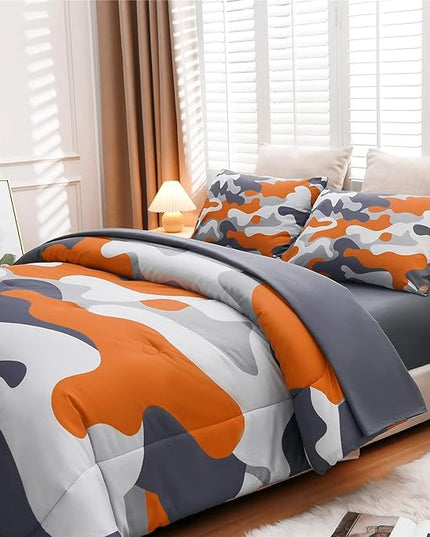 Meeting Story Camouflage Bedding Set, Colorful Pattern Style Comforter Set, 5 PCS One Comforter Two Pillowcases Two Sheets in One Bag, All Season Bedspread for Teens Adults (Orange, Queen 5Pcs) - LeafyLoom