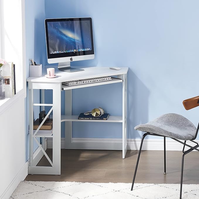 VECELO Corner Computer Desk 41 x 30 inches with Smooth Keyboard & Storage Shelves for Home Office Workstation, White - LeafyLoom