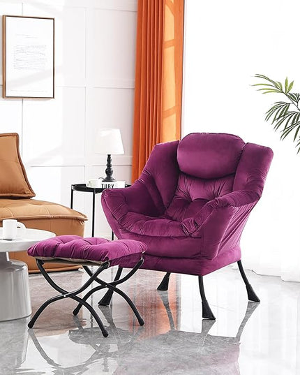 Lazy Chair and Ottoman, Large Accent Lounge Chair with Armrests and a Side Pocket, Modern Leisure Upholstered Sofa Reading Armchair with Footrest for Bedroom, Living Room, Dorm Rooms, Office - LeafyLoom
