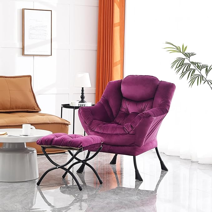 Lazy Chair and Ottoman, Large Accent Lounge Chair with Armrests and a Side Pocket, Modern Leisure Upholstered Sofa Reading Armchair with Footrest for Bedroom, Living Room, Dorm Rooms, Office - LeafyLoom