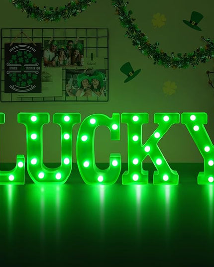 Tifeson St Patricks Day Decorations, St Patricks Day Decor - 5 LED Marquee Light Up Letters “Lucky” with Green Lights for Home Table Mantle Irish Saint Patrick’s Party Decor (Batteries Not Included) - LeafyLoom