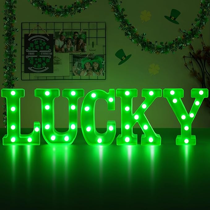 Tifeson St Patricks Day Decorations, St Patricks Day Decor - 5 LED Marquee Light Up Letters “Lucky” with Green Lights for Home Table Mantle Irish Saint Patrick’s Party Decor (Batteries Not Included) - LeafyLoom