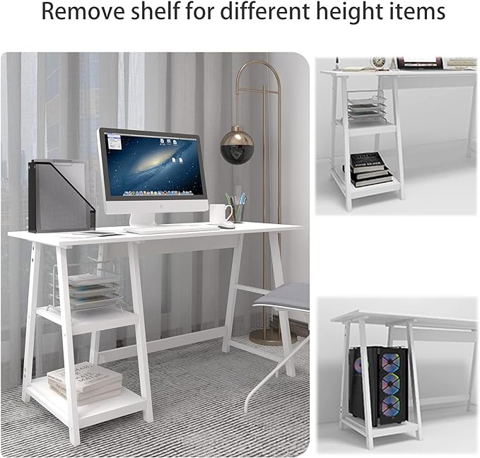 Natwind 47" White Desk with 2-Tier Storage Shelves,Home Office Computer Desk, Study Table for Kids Student Girls,Writing Desk,Modern Simple Basic Desk Workstation for Bedroom Home Office - LeafyLoom