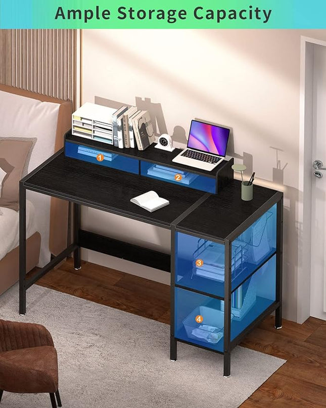 Computer Desk - 47” Gaming Desk, Home Office Desk with Storage, Small Desk with Monitor Stand, Storage Space-Savor, Modern Table, Black. - LeafyLoom