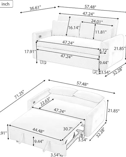 3-in-1 Corduroy Upholstered Futon Loveseat Sofa w/Pull Out Bed and USB Ports, 57.48" Pullout Couch Chaise Lounge with Adjustable Backrest and Throw Pillows for Living Room Small Space - LeafyLoom