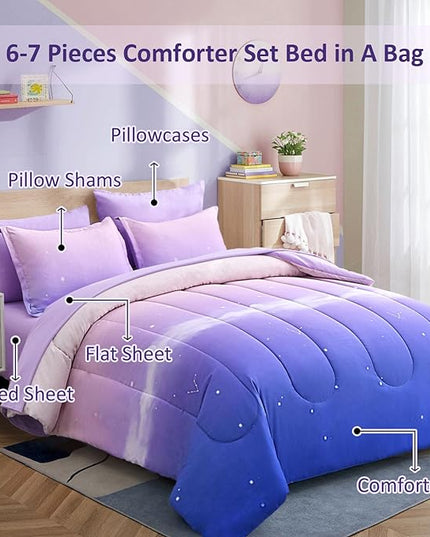 Dinjoy Girls Comforter Set Full Size Colorful Rainbow Ombre Purple Lavender Pink Bedding Set Gradient 7 Pieces Bed in A Bag for Kids Teen Girl Women(1 Comforter, 1 Flat Sheet, 1 Fitted Sheet) - LeafyLoom