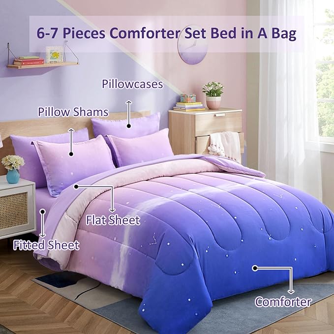 Dinjoy Girls Comforter Set Full Size Colorful Rainbow Ombre Purple Lavender Pink Bedding Set Gradient 7 Pieces Bed in A Bag for Kids Teen Girl Women(1 Comforter, 1 Flat Sheet, 1 Fitted Sheet) - LeafyLoom