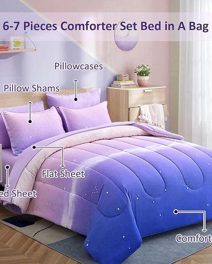 Dinjoy Girls Comforter Set Twin Size Colorful Rainbow Ombre Purple Lavender Pink Bedding Set Gradient 6 Pieces Bed in A Bag for Kids Teen Girl Women(1 Comforter, 1 Flat Sheet, 1 Fitted Sheet) - LeafyLoom