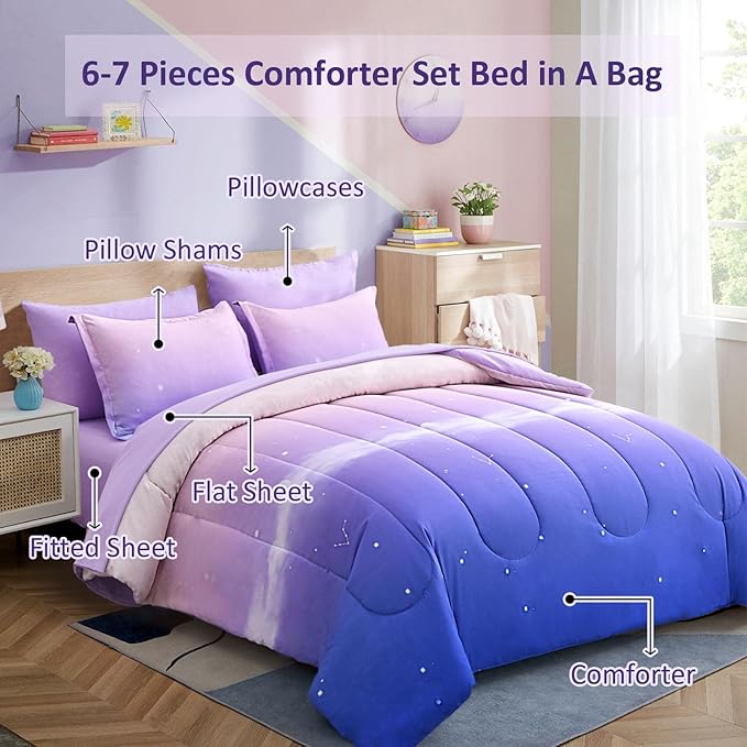 Dinjoy Girls Comforter Set Twin Size Colorful Rainbow Ombre Purple Lavender Pink Bedding Set Gradient 6 Pieces Bed in A Bag for Kids Teen Girl Women(1 Comforter, 1 Flat Sheet, 1 Fitted Sheet) - LeafyLoom