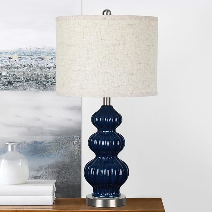 25" Ceramic Table Lamp Navy Blue Triple Gourd Ceramic Lamp Table Lamp Modern Lamp for Bedroom Living Room, 3-Way Dimmable Bulb Included (Blue) - LeafyLoom
