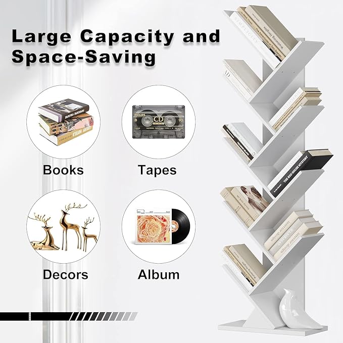 Function Home 9 Tier Tree Bookshelf, Modern Tall Geometric Bookcase, Freestanding Book Shelf, Wood Floor Storage Shelf for Living Room, Bedroom, Home Office,White - LeafyLoom