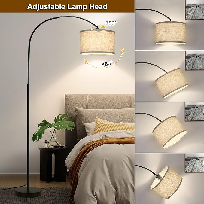 Arc Floor Lamps for Living Room, Modern Standing Lamp with Adjustable Hanging Drum Shade, Tall Pole Lamp with Foot Switch, Over Couch Arched Reading Light for Bedroom, Office (Black) - LeafyLoom
