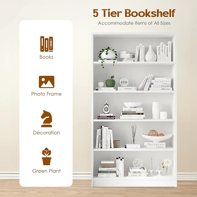 Soohow White Bookcase,Bookshelf for Bedroom,60 inches Tall Wood Book case Book Shelves,5 Shelf Book Shelves for Living Room Office - LeafyLoom